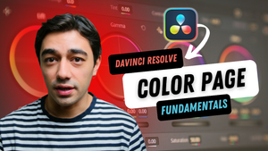 A man in a navy and white striped shirt appears in the foreground against a blurred digital color-editing interface. Large overlaid text reads 'DAVINCI RESOLVE COLOR PAGE FUNDAMENTALS,' with a Davinci Resolve logo and arrow graphic.