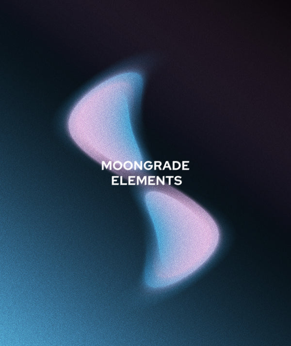 A digital graphic featuring a glowing, abstract blue and lavender-purple swoosh shape on a dark gradient background, with the text 'MOONGRADE ELEMENTS' centered in white.
