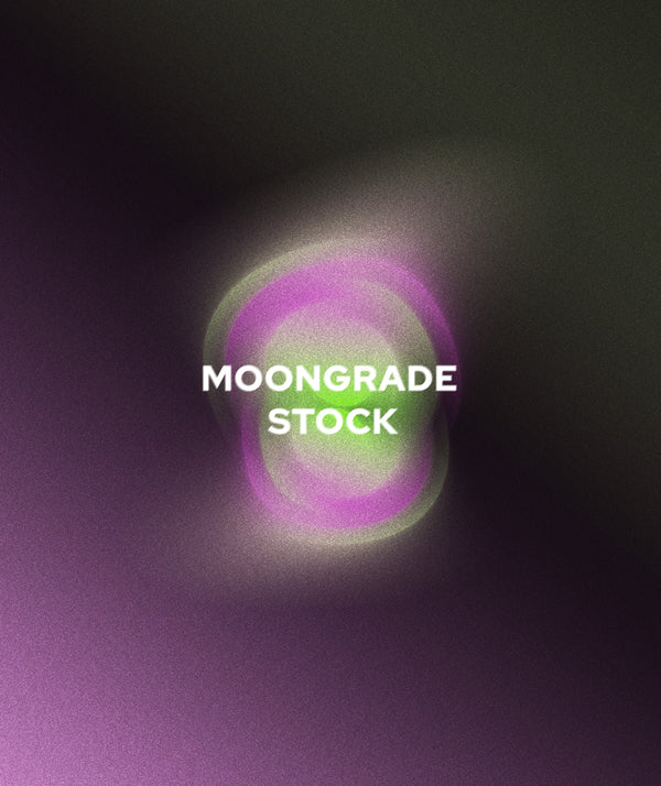 A digital graphic featuring a central glowing purple and green circular nebula with the text 'MOONGRADE STOCK' in white, set against a dark purple and black textured background.